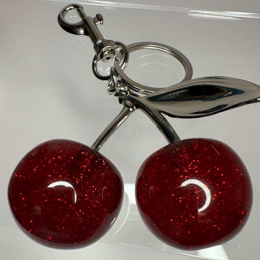 New Red Glittery Cherry Bag Charm Keychain w/ Silver-Tone Hardware - Picture 2 of 3